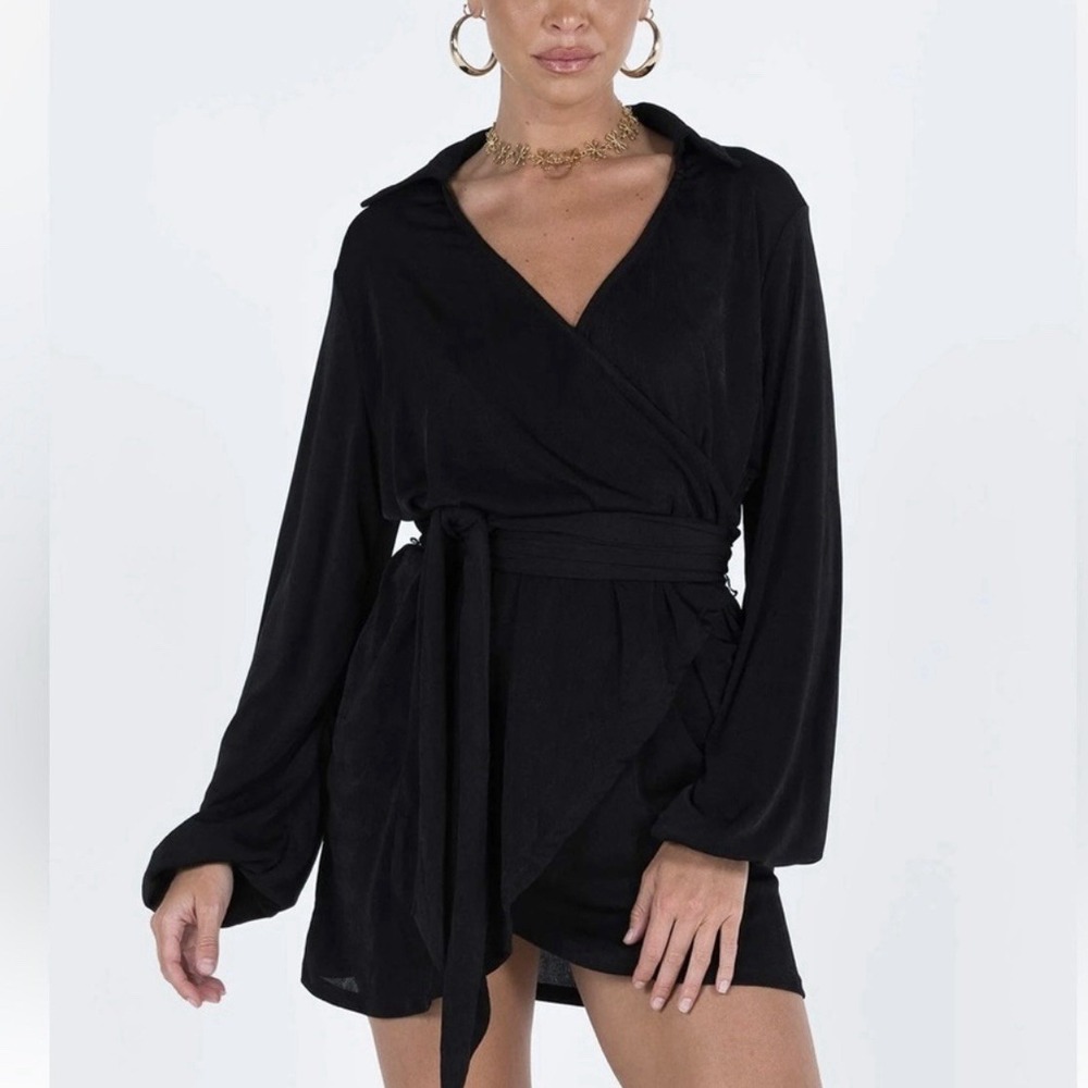 Princess Polly Partytime‎ Long Sleeve Mini Dress 6 Black Wrap Goth Grunge Fairy